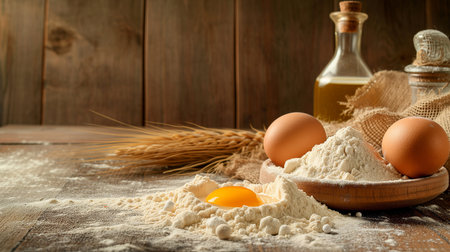 two cracked eggs showing yellow yolk on a pile of white flour with a whiskey and full eggs in the back ground, shot with focus of subjectの素材