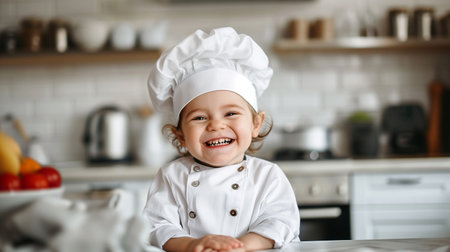 Toddler boy playing with the dough in the kitchen dressed as a chef. Child baking a cakeの素材