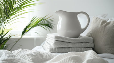 white flowers in white jug in white interiorの素材