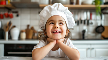 Toddler boy playing with the dough in the kitchen dressed as a chef. Child baking a cakeの素材