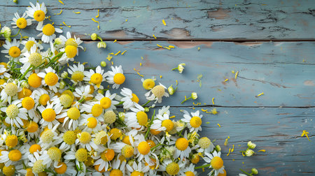 White camomiles on a blue wooden background. Beautiful spring composition, template for design with place for textの素材