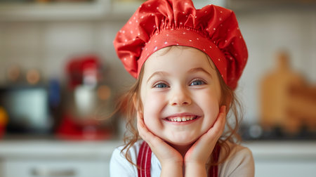 Toddler boy playing with the dough in the kitchen dressed as a chef. Child baking a cakeの素材
