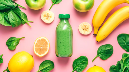 Healthy detox smoothie with kiwi, avocado, banana, apple and spinach. Green smoothie on gray background. Healthy food and diet concept. Copy space and top viewの素材