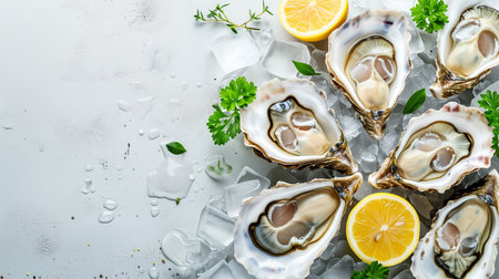 Oysters isolated on a white background. Oysters with lemon on a white background. ousters close-up. black and white photoの素材