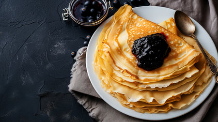 Pancakes stacked on white ceramic plate with honey and blueberry. Tasty breakfast, lunch or snack. Top view, close up food, kitchen napkin. Gray background. Morning table.の素材