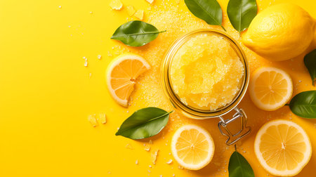 Homemade lemon peel and sugar lip scrub in small bowl and ingredients.の素材