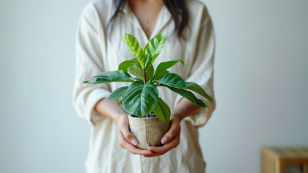 Hands holding Ficus Lyrata or Fiddle Fig young plant in a gray flower pot, minimalist and scandinavian style with copy spaceの素材