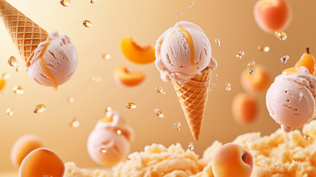 Flying colorful ice cream scoops in cones, bright background.の素材