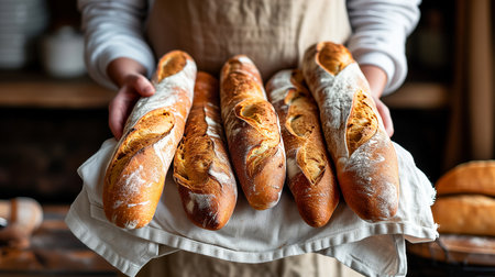 A man is holding fresh rye wheat loaf of bread on a cotton towel. Closeup, dark backgroundの素材