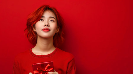 Happy smile face cute Asian girl with dark hair holding gift box with delightful and excited, studio shot on yellow background. Celebrate and festival conceptの素材