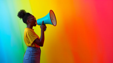 Young woman with LGBT flag shouting into megaphone on pink backgroundの素材