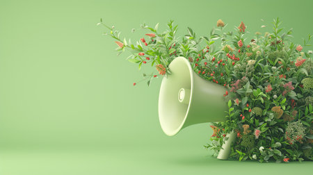 3d illustration of megaphone covered with plants against green backgroundの素材