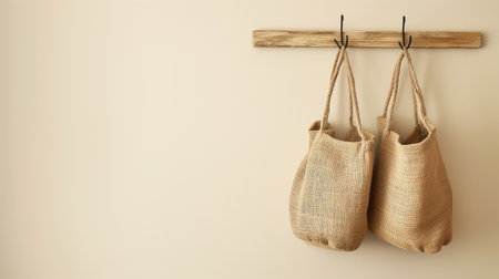 Woman holding jute bag or sack bag on white background. Reusable shopping bag. Natural material. Zero waste. Plastic free. Eco friendly concept.の素材