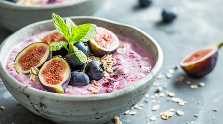 Delicious and healthy oatmeal with figs, almond and chia seeds. Healthy breakfast. Fitness food. Proper nutrition. Flat lay. Top view.の素材