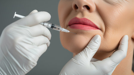 Smoothing out wrinkles.Portrait of an older adult woman with closed eyes doing a beauty injection. Hands in white gloves hold a syringe.Face lift.の素材