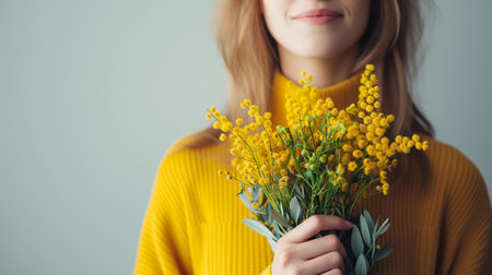 woman's day mimosa. vertical portrait of young woman holding yellow heart shaped mimosa flowers bouquet on white background smiling with casual clothes.の素材