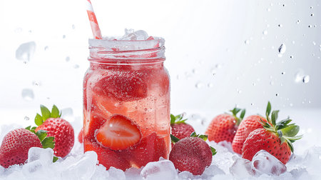Refreshing Strawberry and lemon Iced Tea or lemonade in glass on a gray stone backgroundの素材