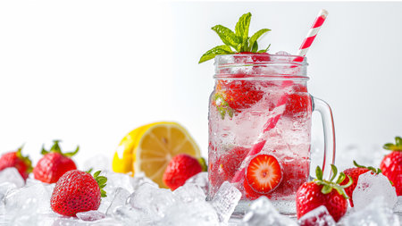 Refreshing Strawberry and lemon Iced Tea or lemonade in glass on a gray stone backgroundの素材