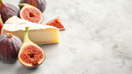 Plate with grilled camembert, fig fruits and fresh basil on a white marble background, horizontal shot with space, view from above