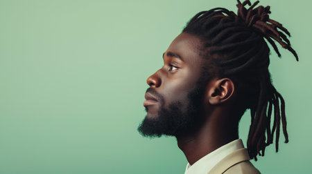 Portrait close-up of a smiling young handsome African American man with dreadlocks standing posing in the library or and looking at the cameraの素材