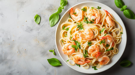 Pasta spaghetti with grilled shrimps bechamel sauce. Spaghetti with seafood rich cream. Cooking mediterranean food with savory prawns, macro top view, blue table, Italian cuisineの素材