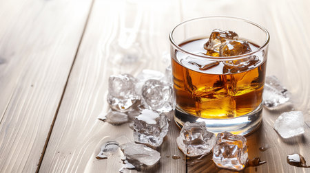 Glass of whiskey on ice with bottle on wood barの素材