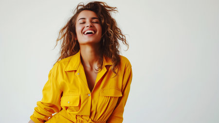 Summer Fun. Joyful Young Girl In Stylish Jumpsuit And Straw Hat Jumping In Air On Yellow Background In Studioの素材