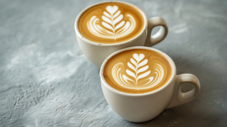 Two cups of cappuccino with latte art on wooden background. Beautiful foam, greenery ceramic cups, diagonal composition, place for text.の素材