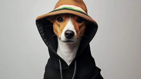 Funny dog in hipster colorful knit hat. terrier looks at copy space, winter accessories or seasonal conceptの素材