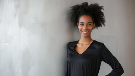 A brunette female with long hair wearing a blank black t-shirt is smiling at the camera while standing on a concrete wall background on a street. Empty space for text or design.の素材