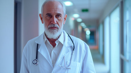 male senior doctor standing at hospital.の素材