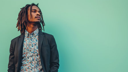 Portrait close-up of a smiling young handsome African American man with dreadlocks standing posing in the library or and looking at the cameraの素材