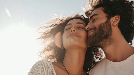 Couple with passive faces stand close, eyes closed. Love and romantic concept. Couple in love with sunset on background, defocused. Man with beard holds womans head with tenderness, close up.の素材