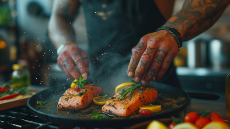 Man squeezing lime onto salmon steak, adding sour flavor to fish. Delicious gourmet seafood dish.の素材
