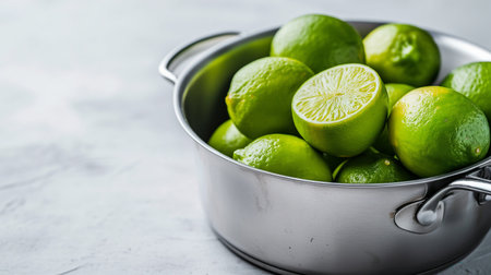 Wicker bowl with fresh limes on blue wooden backgroundの素材