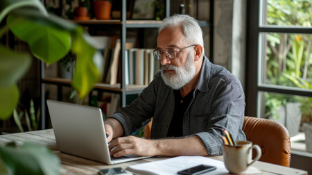 senior man wearing glasses, sitting at his cozy workplace with laptop at homeの素材