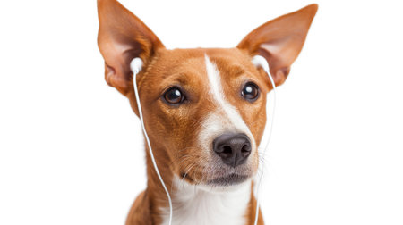 Adorable basenji dog in black wireless headset licking his nose, close up shot isolated on whiteの素材