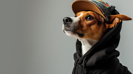 Funny dog in hipster colorful knit hat. terrier looks at copy space, winter accessories or seasonal conceptの素材