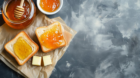 Delicious honey sandwich with milk for breakfast on baking paperの素材