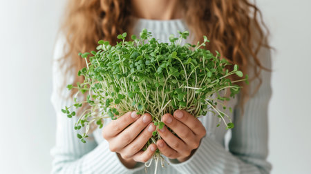 Woman holding a fresh green pea sproutsの素材