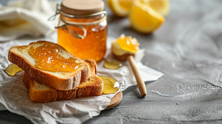 Delicious honey sandwich with milk for breakfast on baking paperの素材