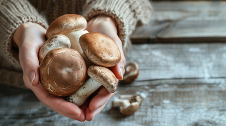 Mushrooms in mushroom picker hand close up, macro in sunlight. Mushroomer with wild forest porcini mushroom harvest in basket, top viewの素材
