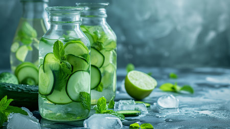 Infused water with cucumber, lime on gray rustic backgroundの素材