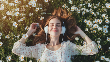 A teenage girl lies on the grass and holds headphones with her hands, sings songs, spring mood, smiles at the camera, sings songs aloudの素材