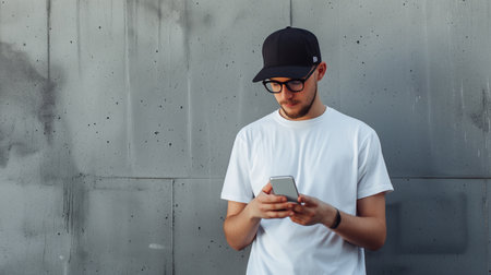 Young man in baseball cap, sunglasses and white blank t-shirt reading something on his smartphone standing next to a gray concrete wallの素材