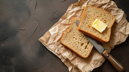 Top view of two slices of rye dry bread as toast with butter for breakfast with vintage knife on it. Everything on craft paper.の素材