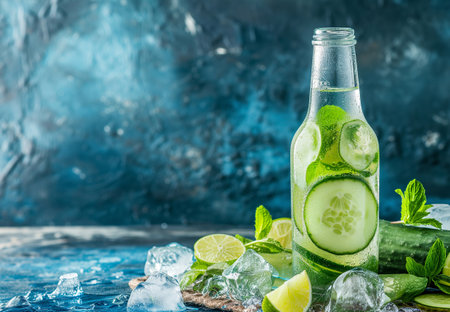 Infused water with cucumber, lime on gray rustic backgroundの素材