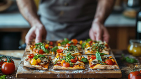 Chef is holding a cheese pizza. Cheese pizza on a baking grid.の素材