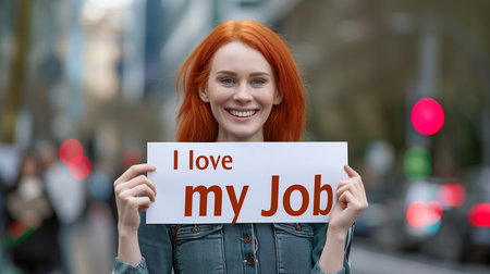 person holding small poster. I love my job, workの素材