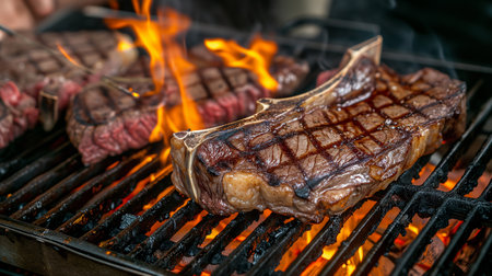 Grilled meat steak on stainless grill depot with flames on dark background.の素材